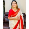 Women's Soft Lichi Silk Printed Saree With Unstitched Blouse 5.5Mtr (White)