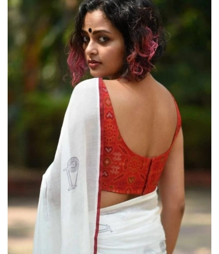 Women's Linen Printed Saree With Unstitched Blouse 5.5Mtr (White)