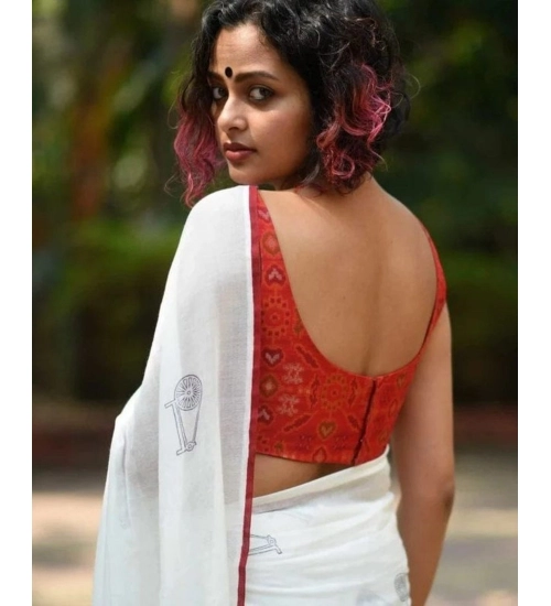 Women's Linen Printed Saree With Unstitched Blouse 5.5Mtr (White)