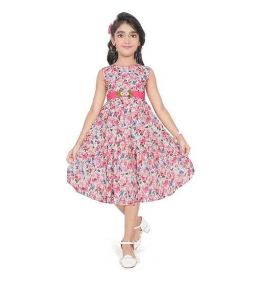Girl's Digital Chicken Printed Sleeve Less Round Neck Dress (Pink)