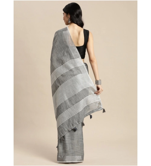 Women's Linen Cotton Printed Saree With Unstitched Blouse 5.5Mtr (Dark Grey)