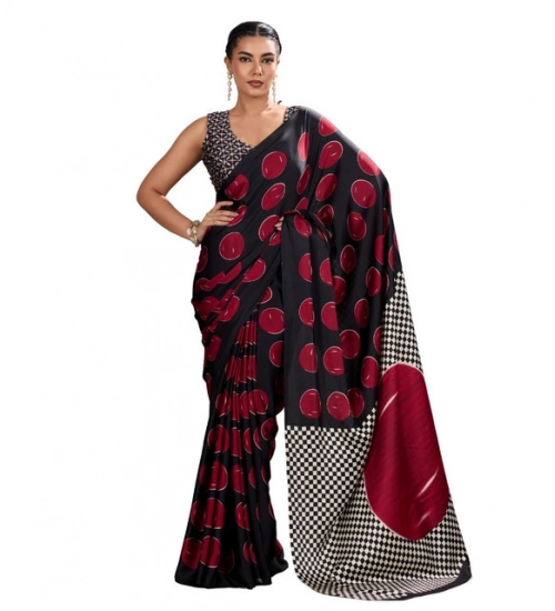 Women's Satin Crepe Printed Saree With Unstitched Blouse 5.5Mtr (Maroon)
