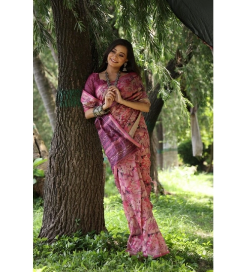 Women's Faux_Tussar_Silk Abstract_Print Saree With Unstitched Blouse 5.5Mtr (Pink)