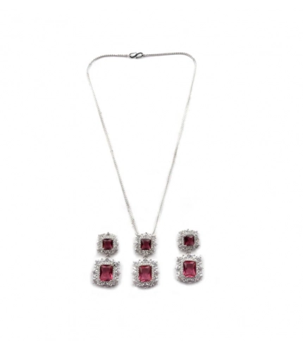 Women's Brass Silver Plated Pendant Set (Red)