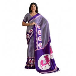 Women's Satin Crepe Printed Saree With Unstitched Blouse 5.5Mtr (Blue)