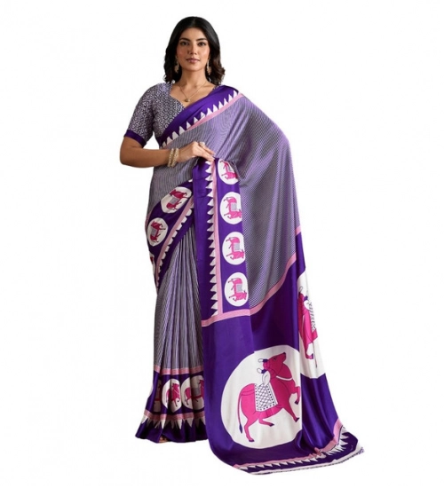 Women's Satin Crepe Printed Saree With Unstitched Blouse 5.5Mtr (Blue)