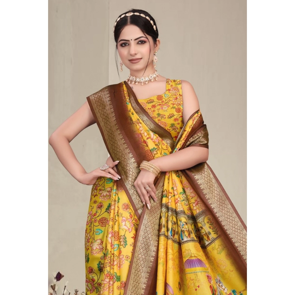 Women's Cotton Silk  Printed Saree With Unstitched Blouse 5.5Mtr (Yellow)