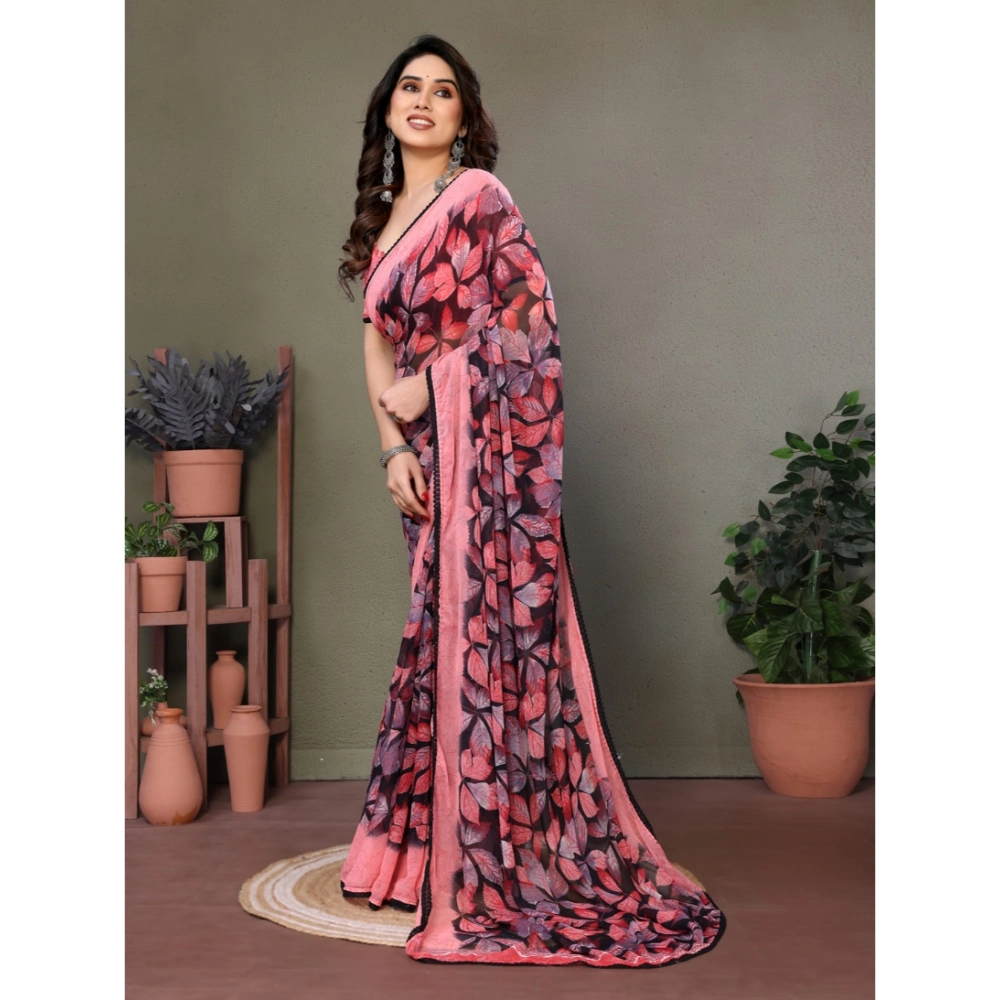 Women's Chiffon Printed Saree With Unstitched Blouse 5.5Mtr (Pink)