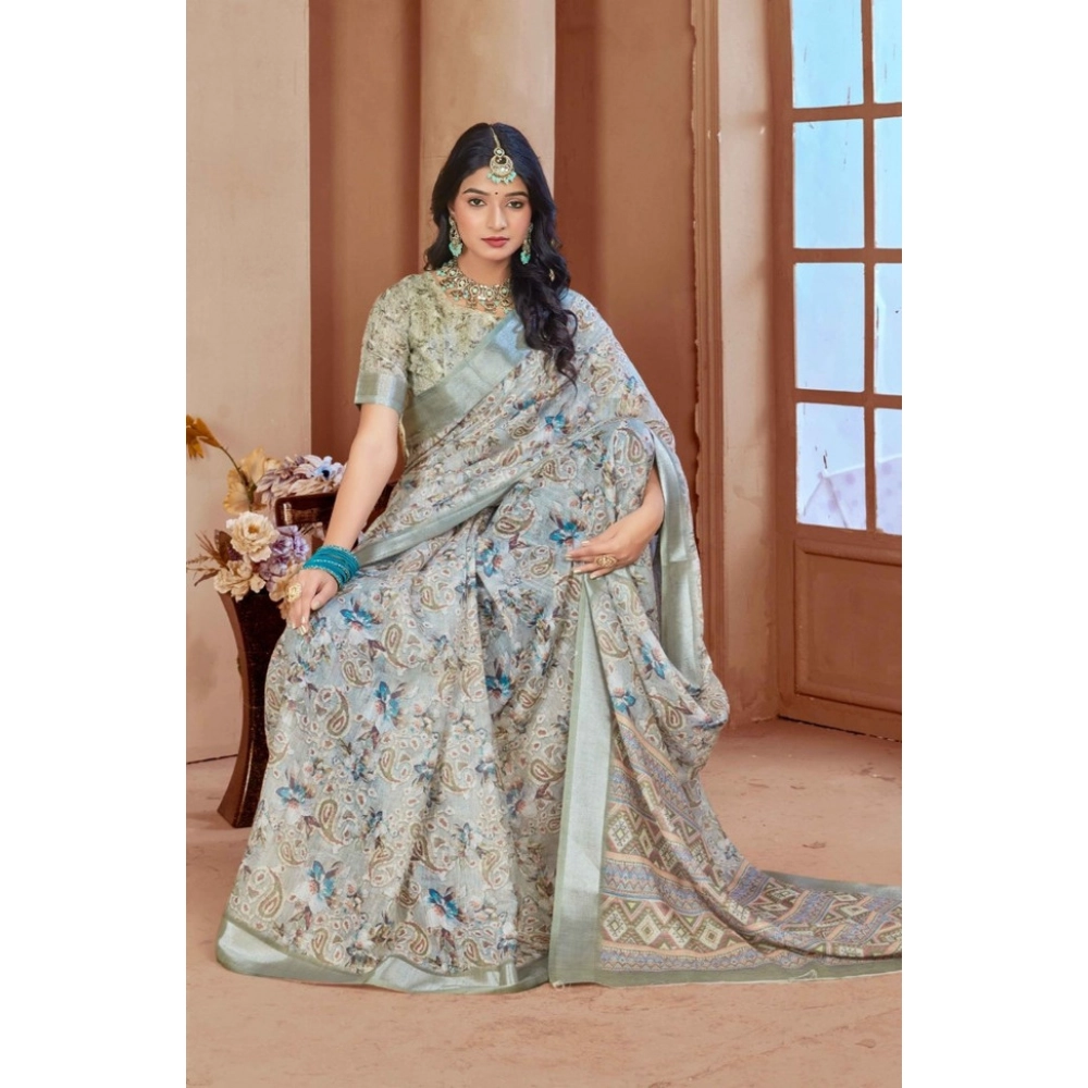 Women's Printed Cotton Linen Saree withPrinted Saree With Unstitched Blouse (Mint Green, 5-6Mtrs) Women's Printed Cotton Linen Saree withPrinted Saree With Unstitched Blouse (Mint Green, 5-6Mtrs)