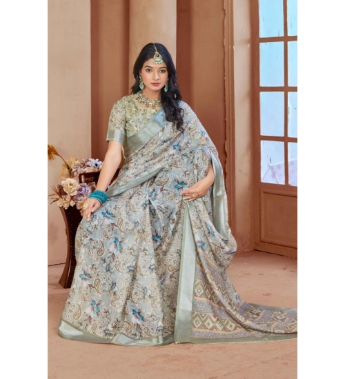 Women's Printed Cotton Linen Saree withPrinted  Saree With Unstitched Blouse (Mint Green, 5-6Mtrs)