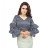 Women's Organza Solid V Neck Layered Ruffle Sleeve Readymade Blouse (Grey Free Size , up to 38–40 Bust)-PID65851