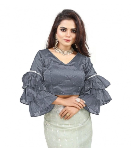 Women's Organza Solid V Neck Layered Ruffle Sleeve Readymade Blouse (Grey Free Size , up to 38–40 Bust)-PID65851