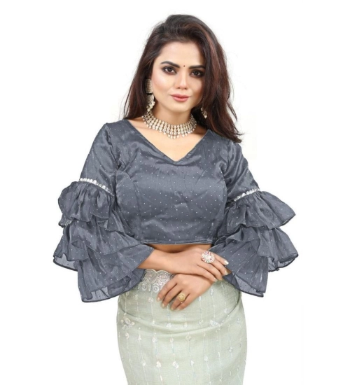 Women's Organza Solid V Neck Layered Ruffle Sleeve Readymade Blouse (Grey Free Size , up to 38–40 Bust)-PID65851 Women's Organza Solid V Neck Layered Ruffle Sleeve Readymade Blouse (Grey Free Size , up to 38–40 Bust)-PID65851