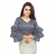 Women's Organza Solid V Neck Layered Ruffle Sleeve Readymade Blouse (Grey Free Size , up to 38–40 Bust)-PID65851