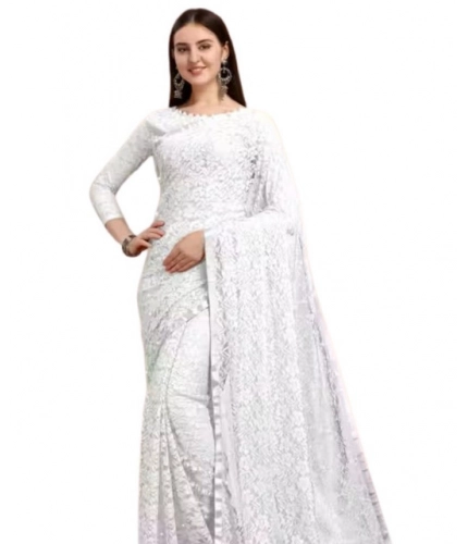 Women's Net Self Design Saree With Unstitched Blouse 5.5Mtr (White)