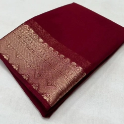 Women's Crepe Chit Pallu Solid Saree With Unstitched Blouse 5.5Mtr (Maroon)