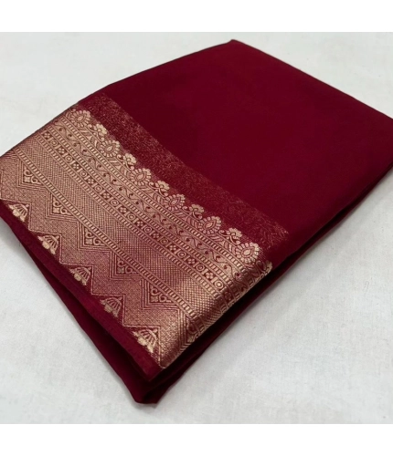 Women's Crepe Chit Pallu Solid Saree With Unstitched Blouse 5.5Mtr (Maroon)