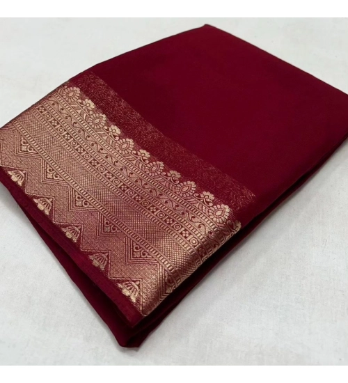 Women's Crepe Chit Pallu Solid Saree With Unstitched Blouse 5.5Mtr (Maroon)