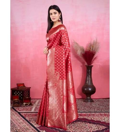 Women's Banarasi Silk Printed Saree With Unstitched Blouse 5.5Mtr (Red)
