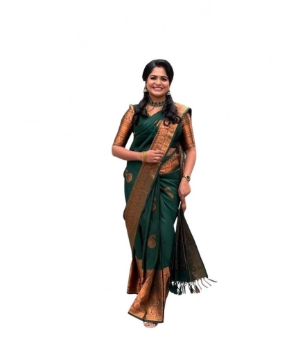 Women's Soft Lichi Silk Printed Saree With Unstitched Blouse 5.5Mtr (Green)