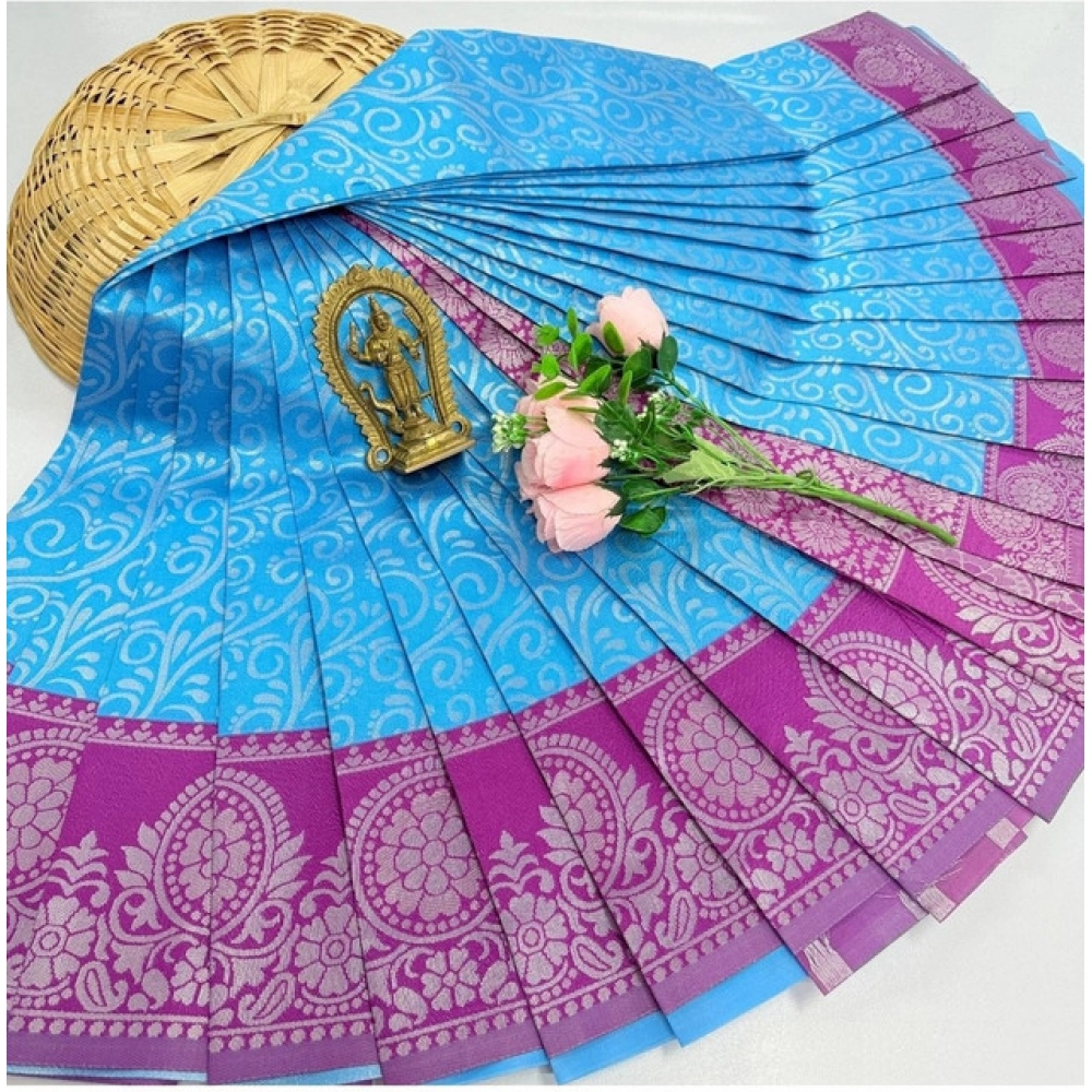 Women's Soft Silk Printed Saree With Unstitched Blouse 5.5Mtr (Sky Blue)