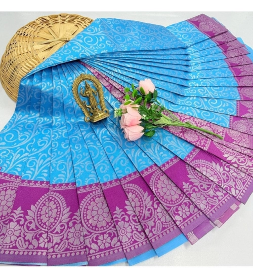 Women's Soft Silk Printed Saree With Unstitched Blouse 5.5Mtr (Sky Blue)