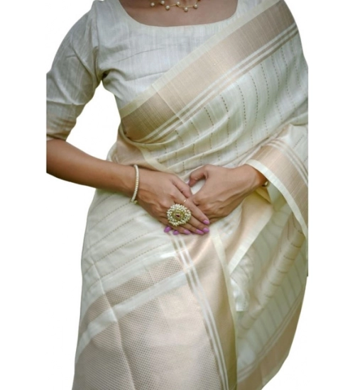 Women's Faux_Banarasi Lining Pattern Saree With Unstitched Blouse 5.5Mtr (Off_White)