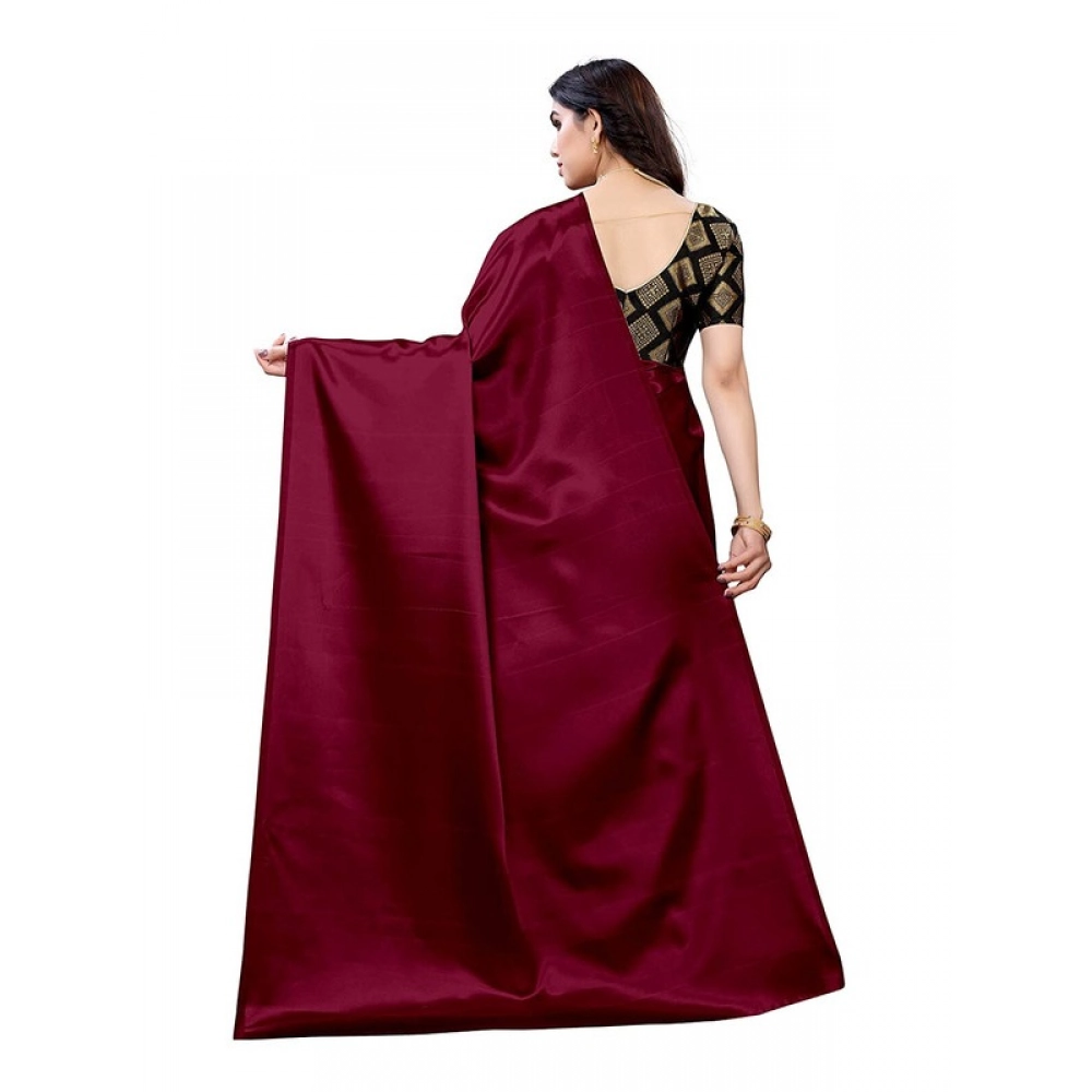 Women's Satin Printed Saree With Unstitched Blouse 5.5Mtr (Maroon)
