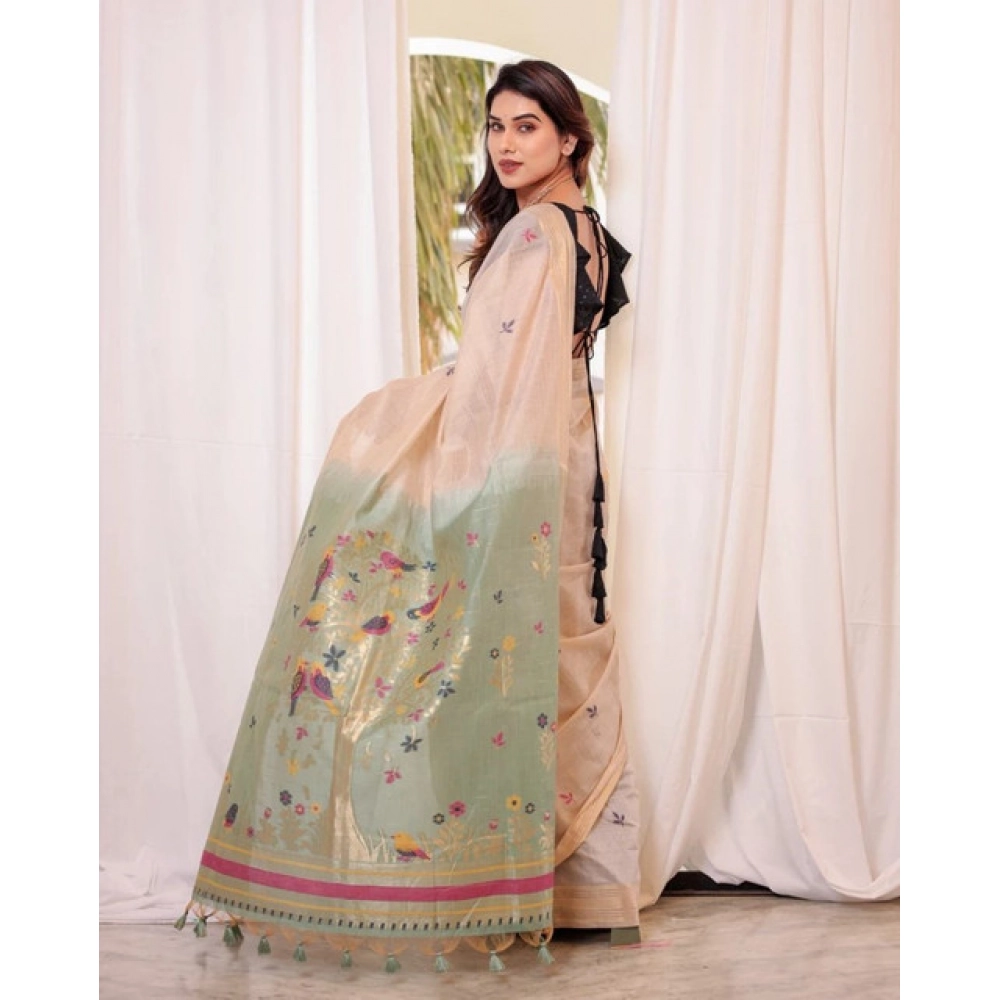 Women's Blended_Cotton Woven_Motifs Saree With Unstitched Blouse 5.5Mtr (Rama_Green) Women's Blended_Cotton Woven_Motifs Saree With Unstitched Blouse 5.5Mtr (Rama_Green)