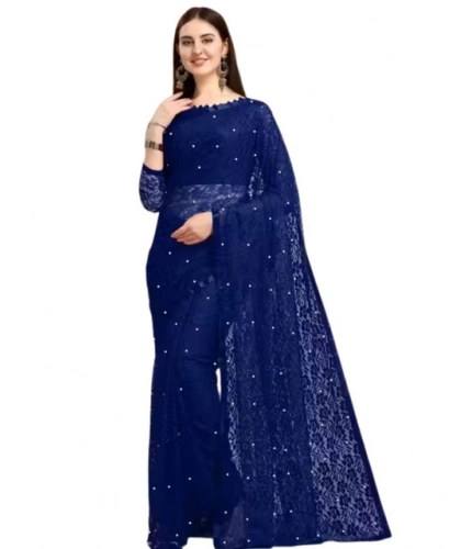 Women's Net Self Design Saree With Unstitched Blouse 5.5Mtr (Navy Blue)