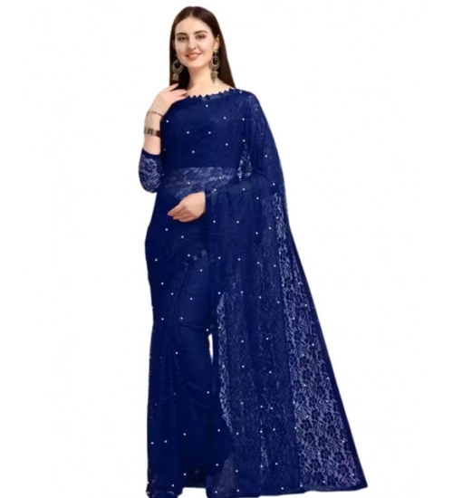 Women's Net Self Design Saree With Unstitched Blouse 5.5Mtr (Navy Blue)