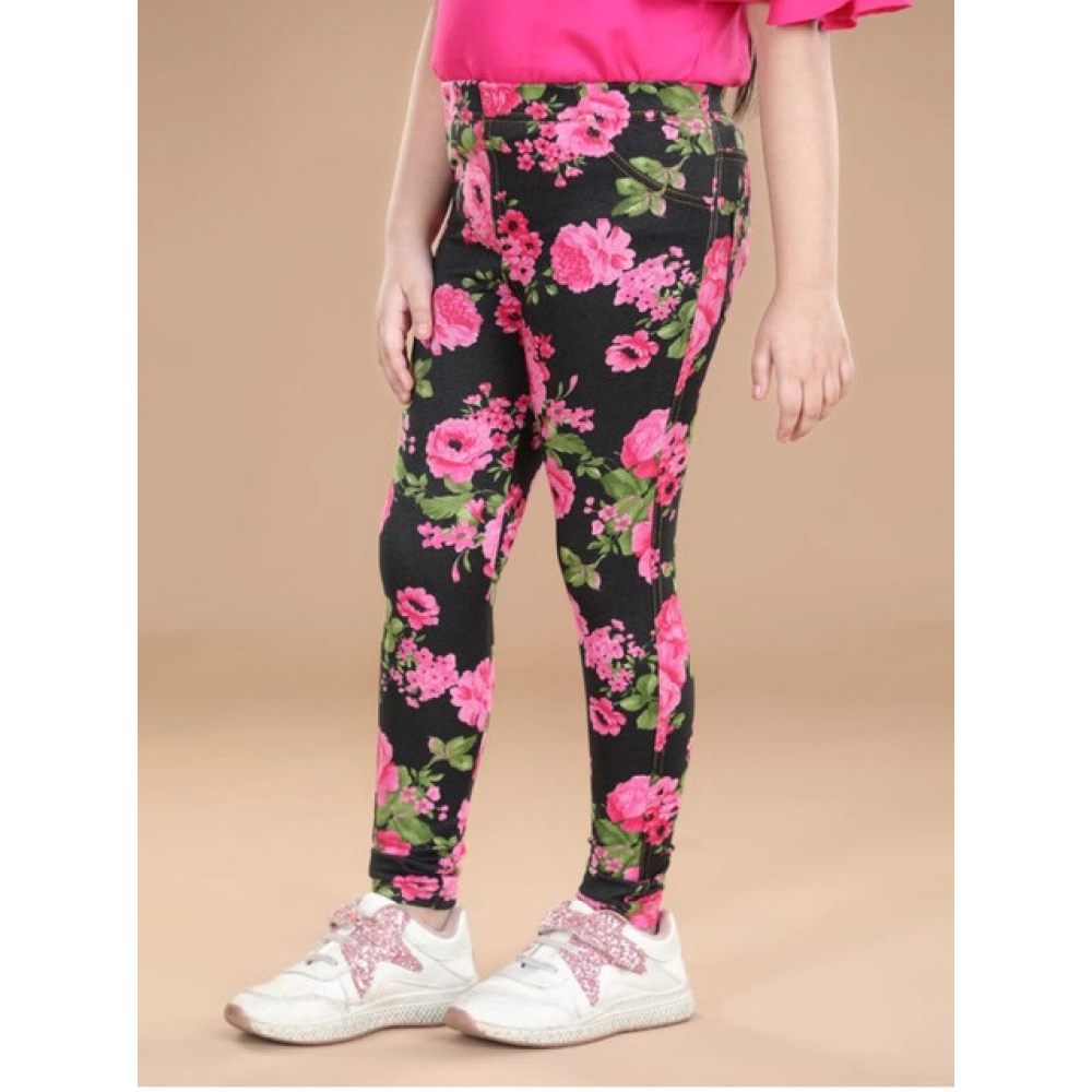 Girl's Cotton Lycra Floral Elasticated Jeggings (Black-Pink) Girl's Cotton Lycra Floral Elasticated Jeggings (Black-Pink)
