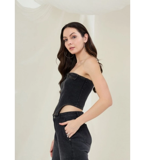 Women's Denim Lycra Solid Sleeveless Top (Black) Women's Denim Lycra Solid Sleeveless Top (Black)