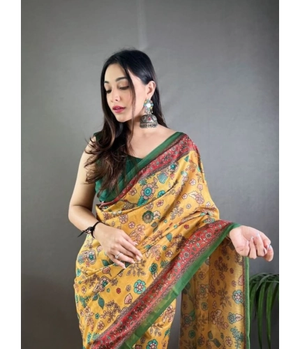 Women's Linen Printed Saree With Unstitched Blouse 5.5Mtr (Yellow)