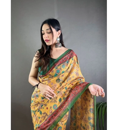 Women's Linen Printed Saree With Unstitched Blouse 5.5Mtr (Yellow)
