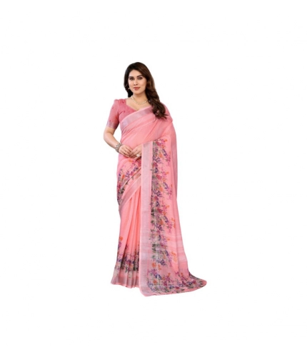 Women's Linen Cotton  Printed Saree With Unstitched Blouse 5.5Mtr (Peach)