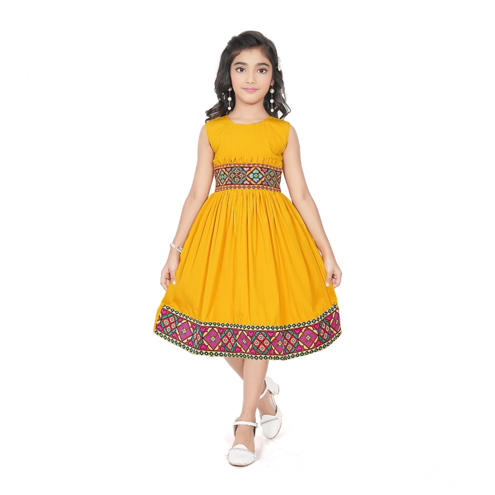 Girl's Shiffon Printed Sleeve Less Round Neck Dress (Mustard Yellow) Girl's Shiffon Printed Sleeve Less Round Neck Dress (Mustard Yellow)