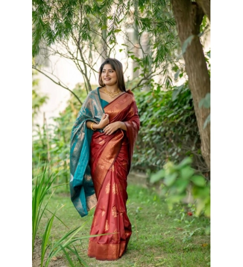 Women's Katan_Silk Zari_Weaving Saree With Unstitched Blouse 5.5Mtr (Maroon)