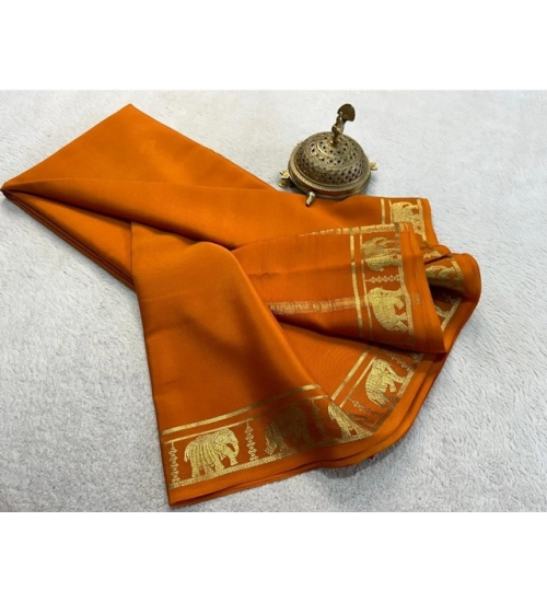 Women's Crepe Chit Pallu Solid Saree With Unstitched Blouse 5.5Mtr (Orange)