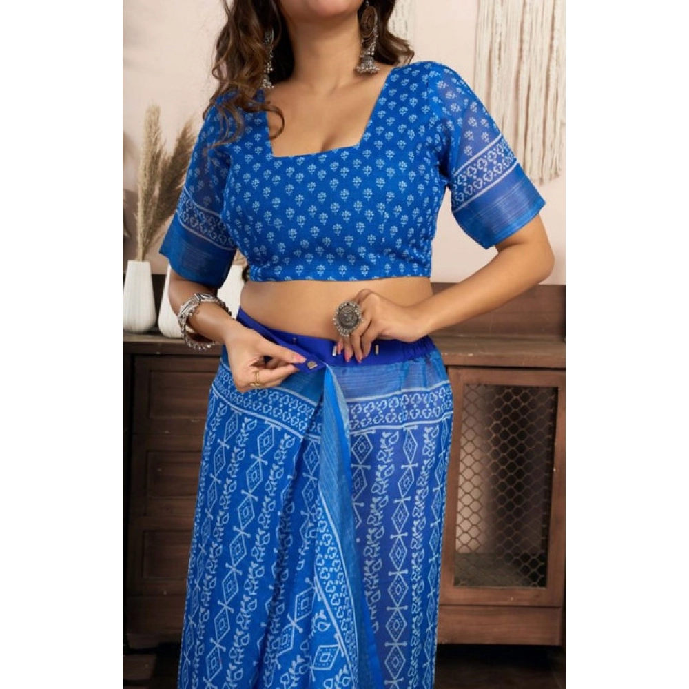 Women's Faux Linen Geometric Print Ready to wear Saree With Unstitched Blouse 5.5Mtr (Blue) Women's Faux Linen Geometric Print Ready to wear Saree With Unstitched Blouse 5.5Mtr (Blue)