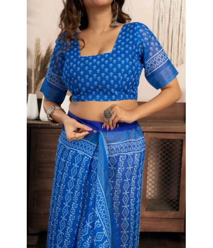 Women's Faux Linen Geometric Print Ready to wear Saree With Unstitched Blouse 5.5Mtr (Blue)
