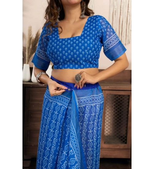 Women's Faux Linen Geometric Print Ready to wear Saree With Unstitched Blouse 5.5Mtr (Blue)