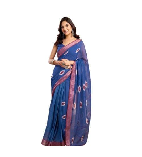 Women's Linen Cotton Printed Ready To Wear Saree With Unstitched Blouse 5.5 Mtr (Blue)