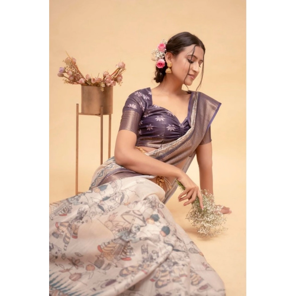 Women's Polyester Printed Saree With Unstitched Blouse 5.5 Mtr (Off-White)