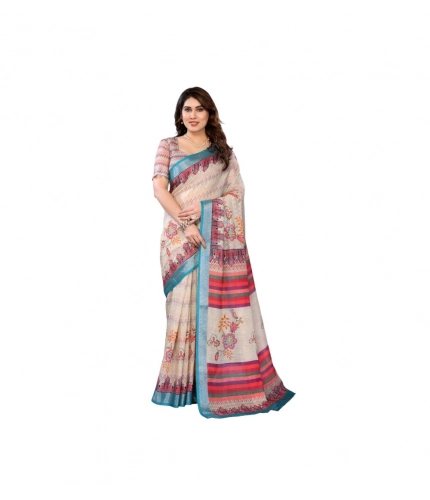 Women's Linen Cotton  Printed Saree With Unstitched Blouse 5.5Mtr (Cream)