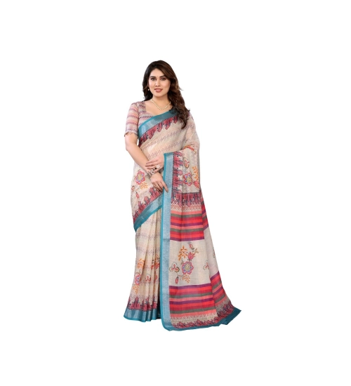 Women's Linen Cotton  Printed Saree With Unstitched Blouse 5.5Mtr (Cream)