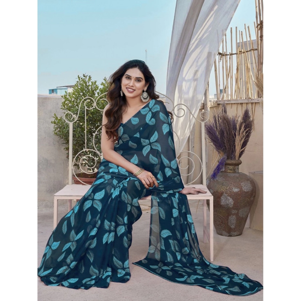 Women's Chiffon Printed Saree With Unstitched Blouse 5.5Mtr (Blue)