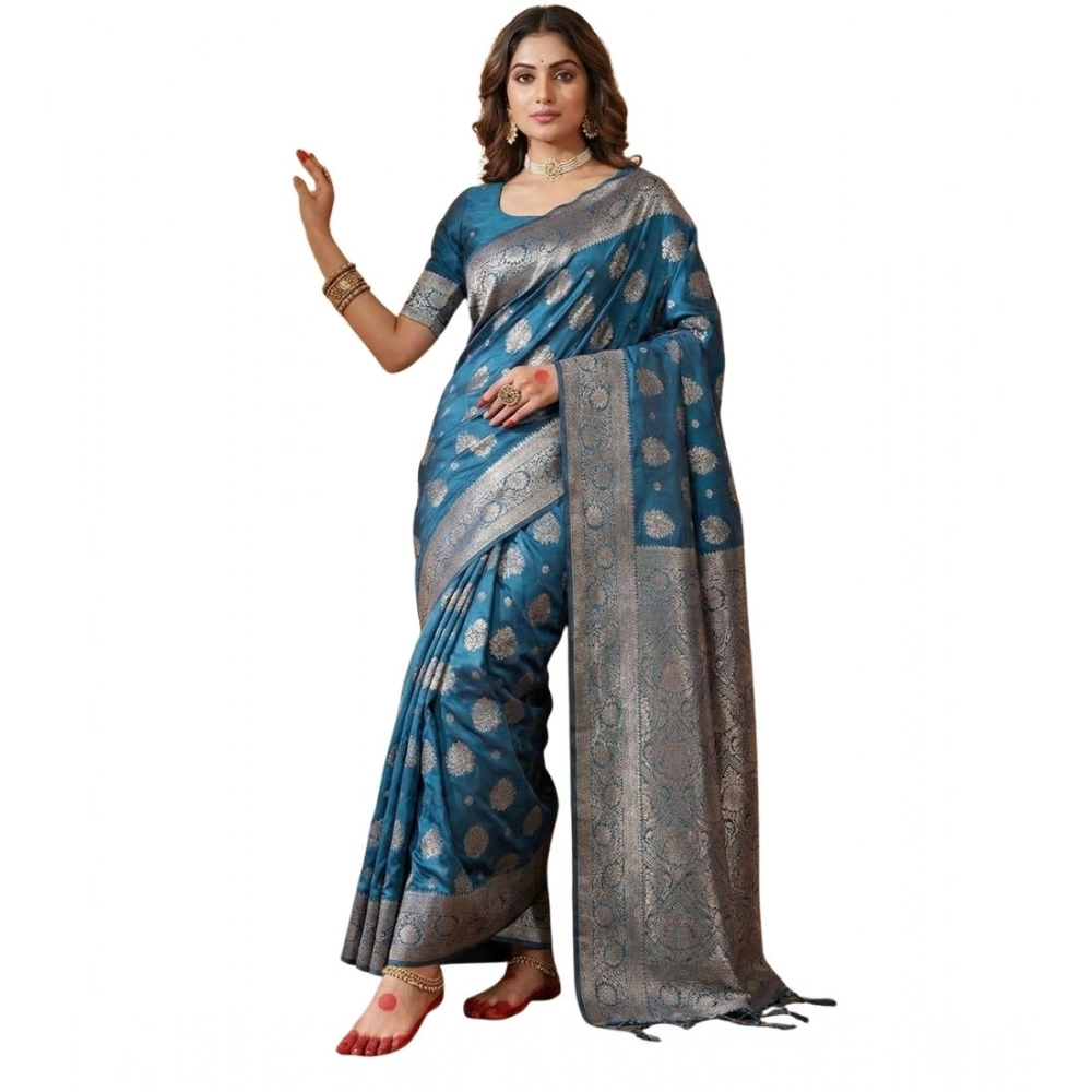 Women's Silk Blend Printed Saree With Unstitched Blouse 5.5Mtr (Teal Blue) Women's Silk Blend Printed Saree With Unstitched Blouse 5.5Mtr (Teal Blue)