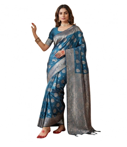 Women's Silk Blend Printed Saree With Unstitched Blouse 5.5Mtr (Teal Blue)