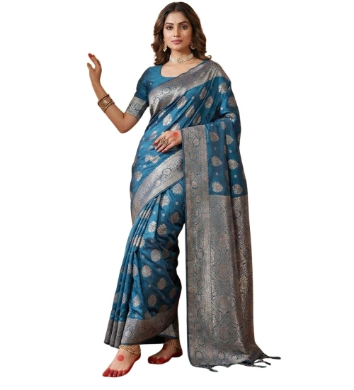 Women's Silk Blend Printed Saree With Unstitched Blouse 5.5Mtr (Teal Blue)